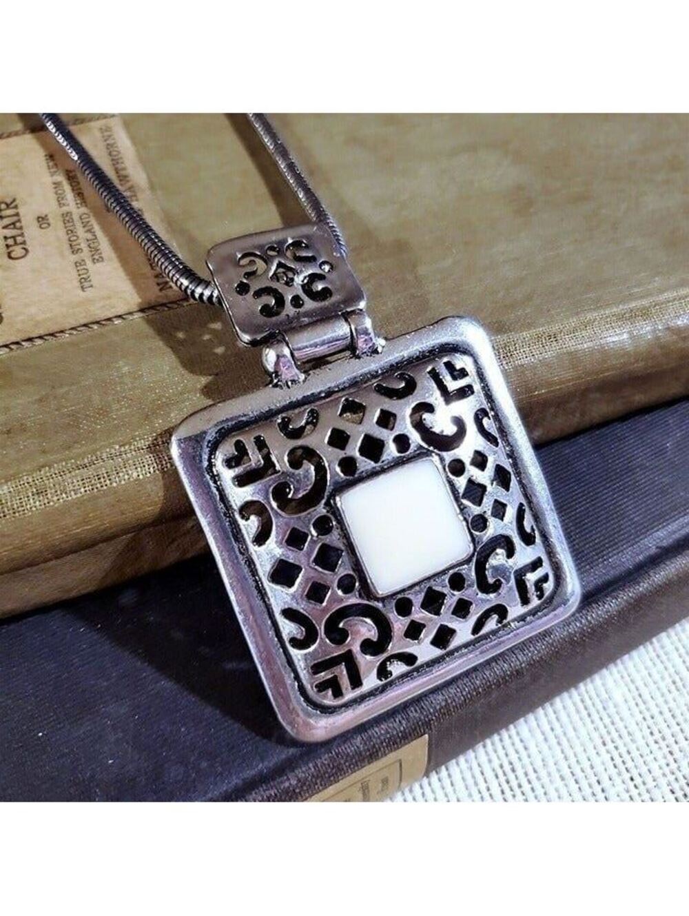 Art Deco Silver Cream Openwork Squares Statement Pendant Necklace
